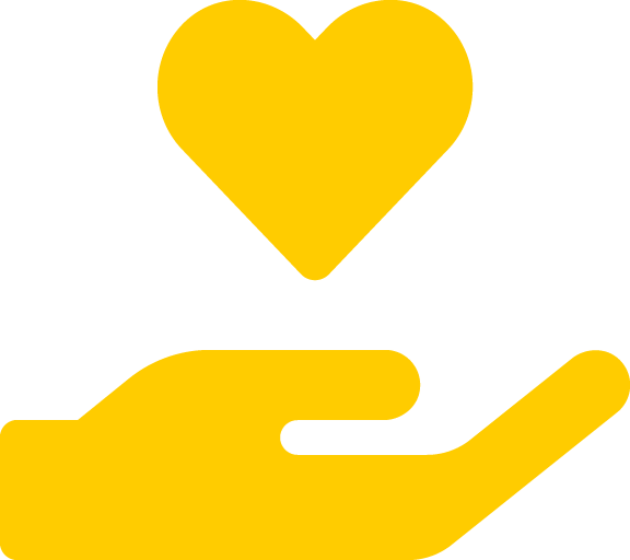 yellow symbol of a hand holding a heart
